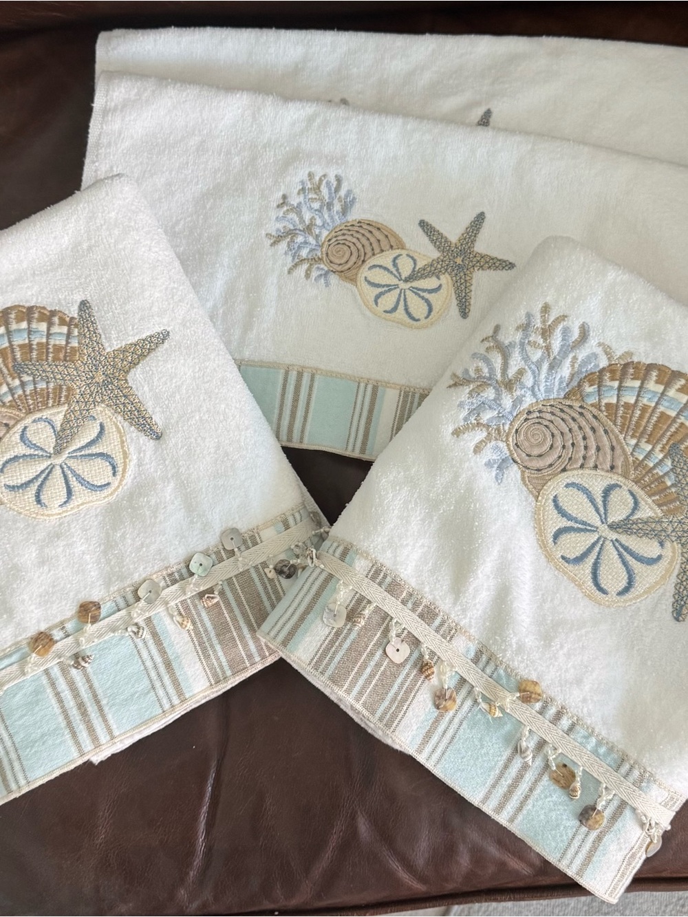 4-Piece Coastal Embroidered Bath & Hand Towel Set ~ Seashell Accents ~ Avanti